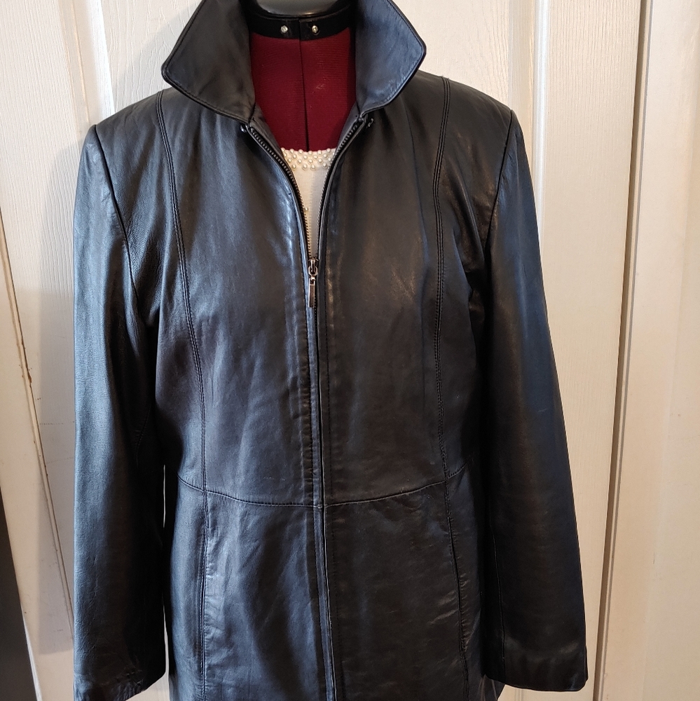 Black Leather Jacket Coat Zipper Front Pockets